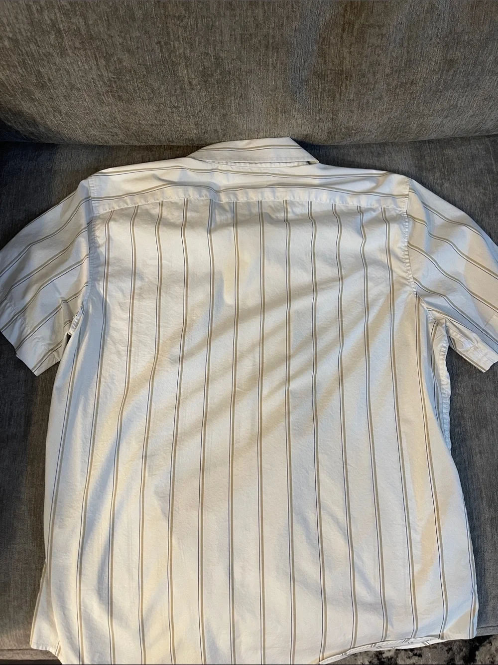 Banana Republic White Short-Sleeve Button-Down with Thin Tan Stripes